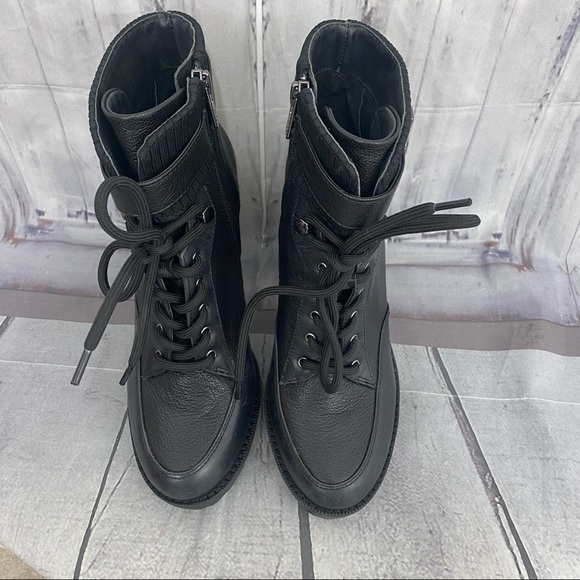 Antonio Melani Size 7.5M 7.5 Black Leather Lace Up Chunky Ankle Booties Zip - Picture 5 of 15